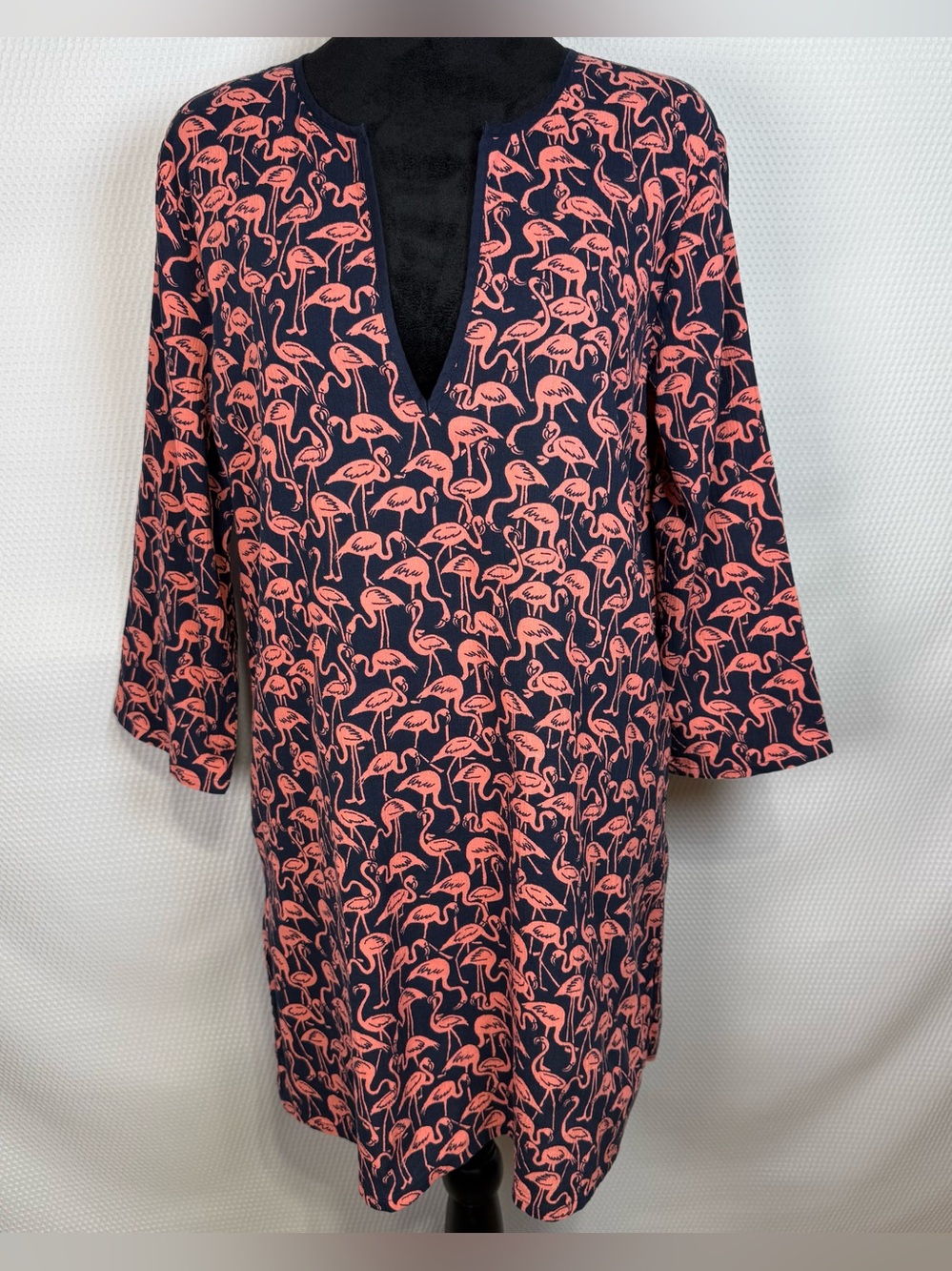 J.Crew Flamingo Tunic Dress Cover-Up Women’s Medium Navy Coral 3/4 Sleeve Cotton